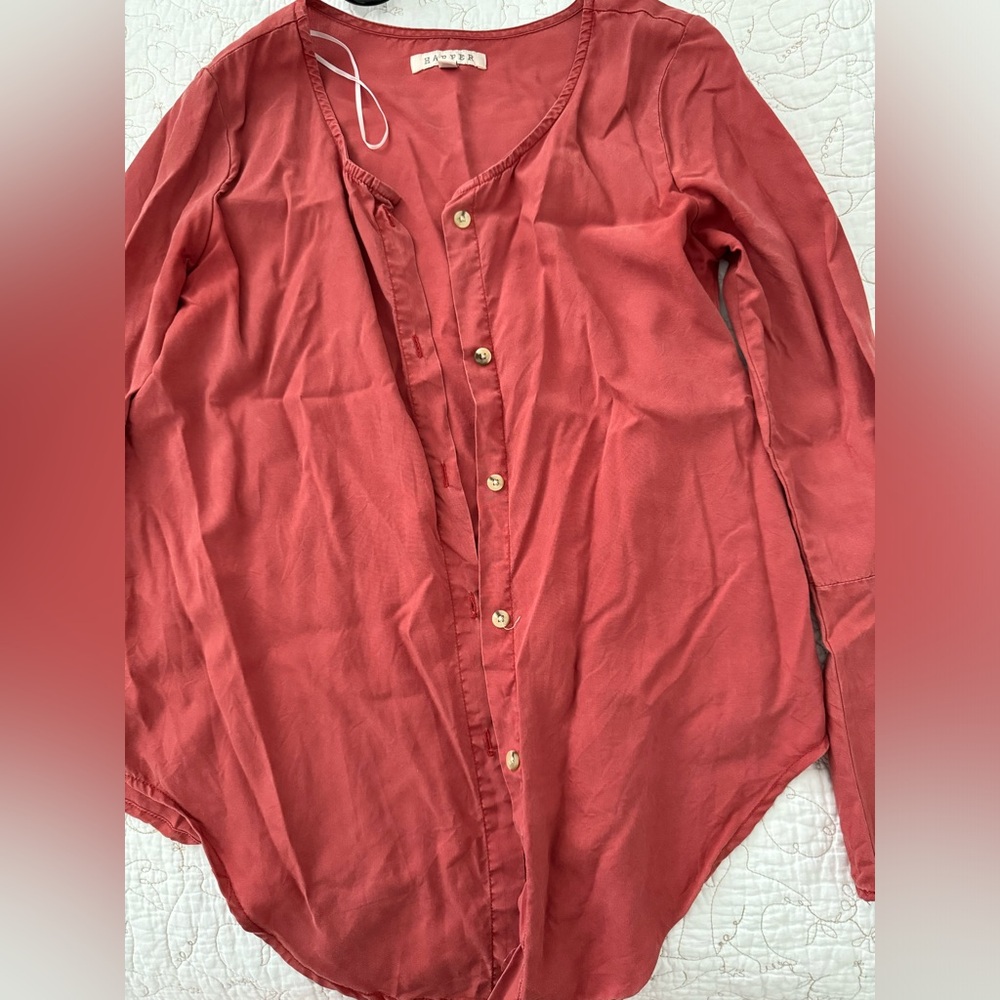 Burnt orange / terracotta button up top with bell sleeves